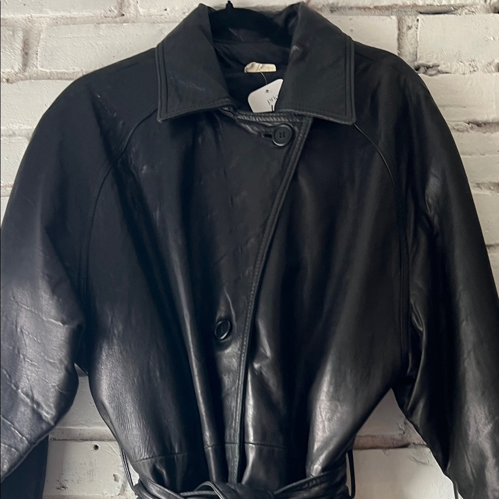 Vintage Black Leather Belted short trench Coat lightweight leather coat